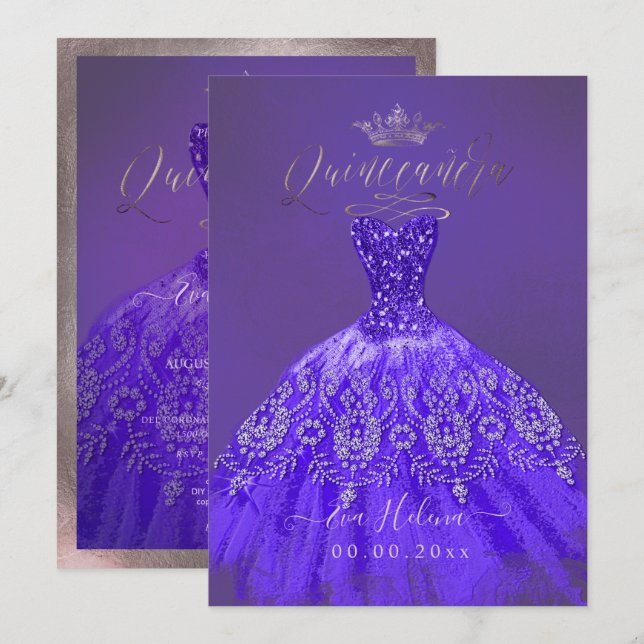 Quinceañera, Princess Glitter Purple Violet Gown Invitation (Front/Back)