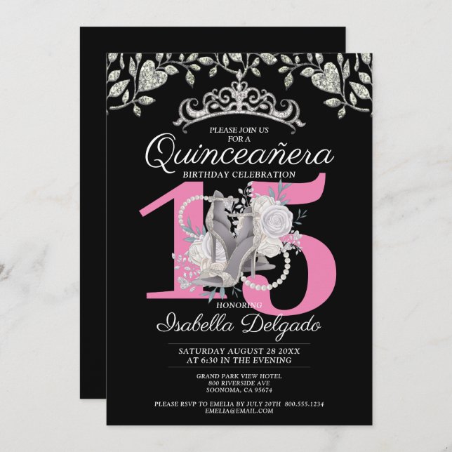 Quinceanera Princess Pink Black 15th Birthday Invitation (Front/Back)