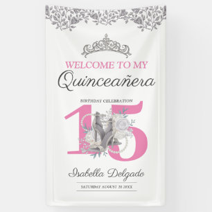 Quinceanera Princess Pink Silver 15th Birthday Banner