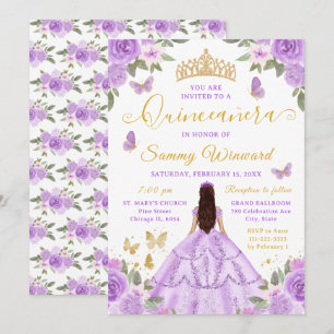 Quinceañera Princess Purple Floral Gold Tiara Invitation
