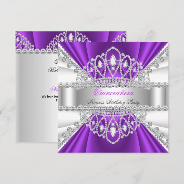 Quinceanera Princess Purple White Diamond Tiara Invitation (Front/Back)