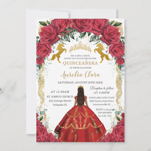 Quinceañera Princess Red Roses Floral Charro Horse Invitation (Front)