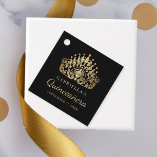 Quinceanera Princess Tiara Crown Black Gold Favour Tags