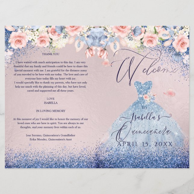 Quinceanera Program Blush Floral Navy Glitter Gown (Front)