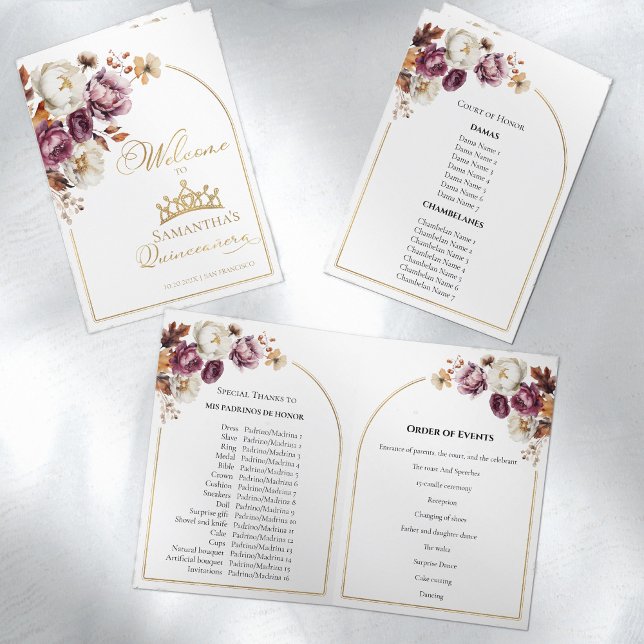 Quinceanera Programs | Burgundy Fall Floral Autumn Programme (Creator Uploaded)