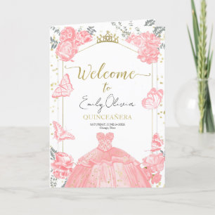 Quinceanera Programs Pink Dress Floral Gold Foil Programme