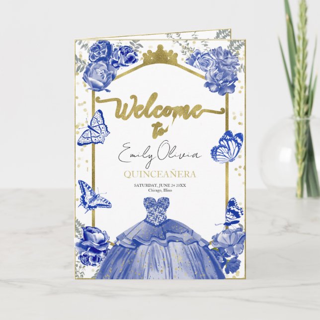 Quinceanera Programs Royal Blue Dress Floral Gold  Programme (Front)