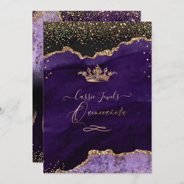 Quinceanera, Purple Agate Faux Gold Confetti Invitation (Front/Back)
