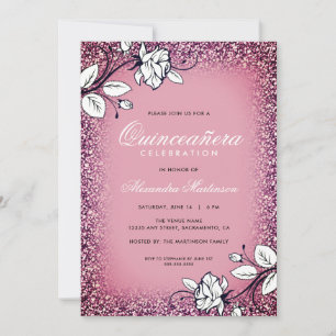 Quinceanera Purple and Glitter White Roses Invitation