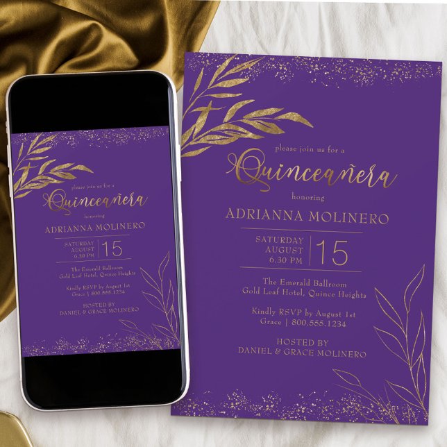Quinceanera Purple and Gold Leaf Elegant Birthday Invitation (Modern Quinceanera invitation in purple from my Gold Leaf Collection
)