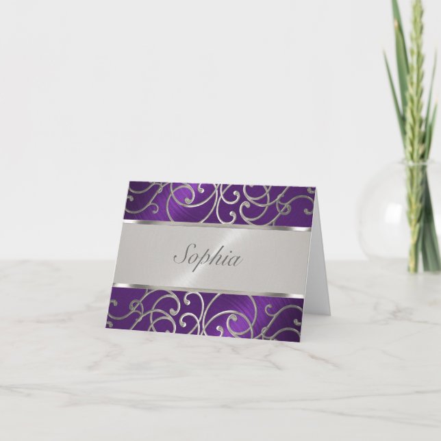 Quinceanera Purple and Silver Filigree Swirls Note Card (Front)