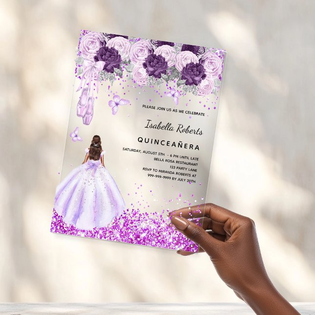 Quinceanera purple ballerina dress florals clear acrylic invitations (Creator Uploaded)