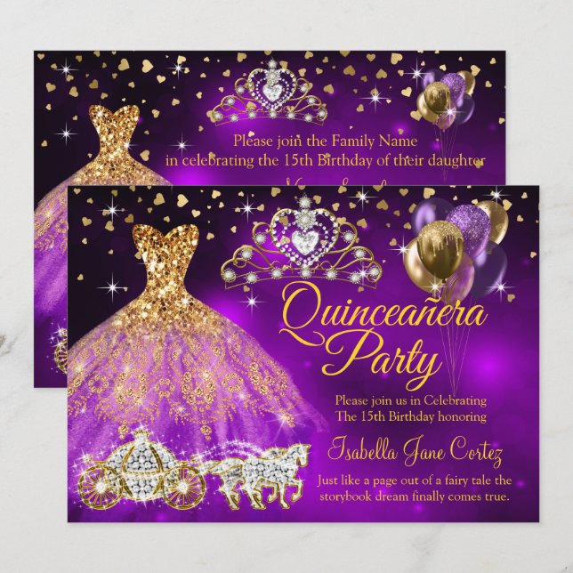 Quinceanera Purple Balloons Dress Tiara Carriage Invitation (Front/Back)