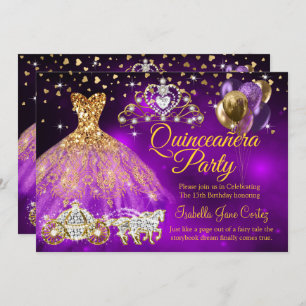 Quinceanera Purple Balloons Dress Tiara Carriage Invitation