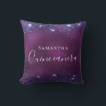Quinceanera purple blue glitter dust name cushion<br><div class="desc">A pillow for a Quinceañera,  15th years old girls room. A deep purple background with blue faux glitter dust. The purple colour is uneven. The text: Quinceañera is written in white with a large modern hand lettered style script. Personalise and add a name.</div>