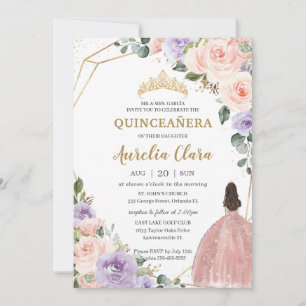 Quinceañera Purple Blush Floral Rose Gold Dress Invitation