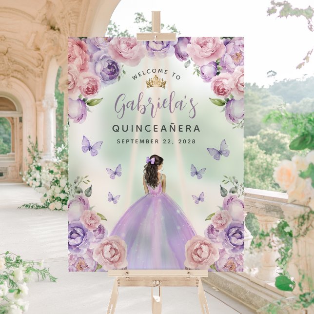 Quinceañera Purple Blush Floral Welcome Acrylic Sign (Creator Uploaded)