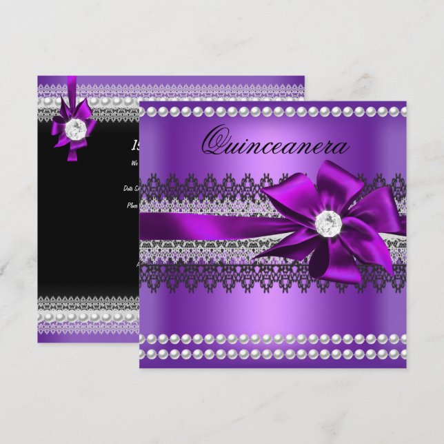 Quinceanera Purple Bow Black Pearl Lace Diamond Invitation (Front/Back)