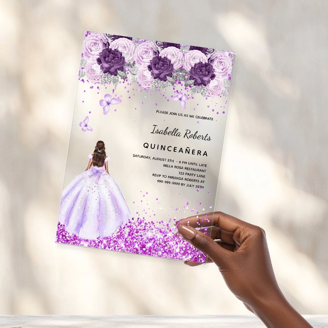 Quinceanera purple dress pink florals clear acrylic invitations (Creator Uploaded)