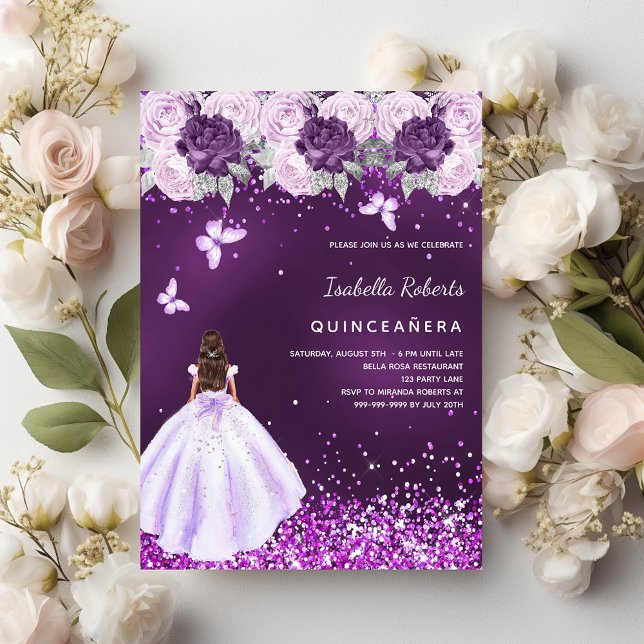 Quinceanera purple dress pink florals invitation (Creator Uploaded)