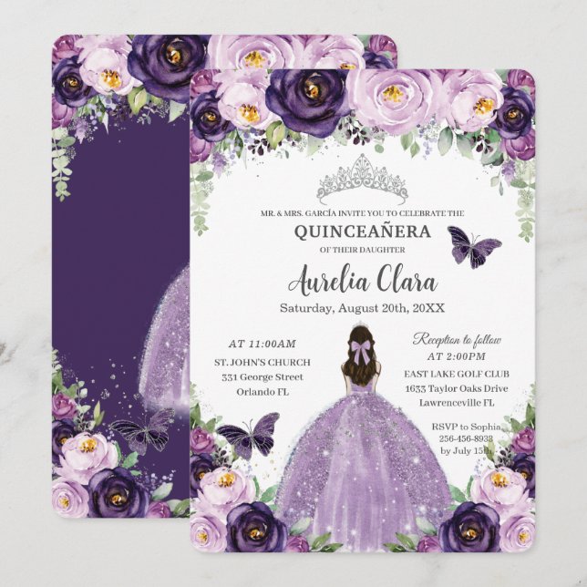 Quinceañera Purple Floral Butterflies Silver Tiara Invitation (Front/Back)