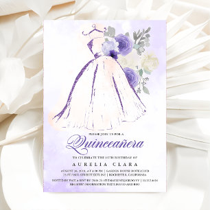 Quinceañera Purple Floral Dress 15th Birthday Invitation