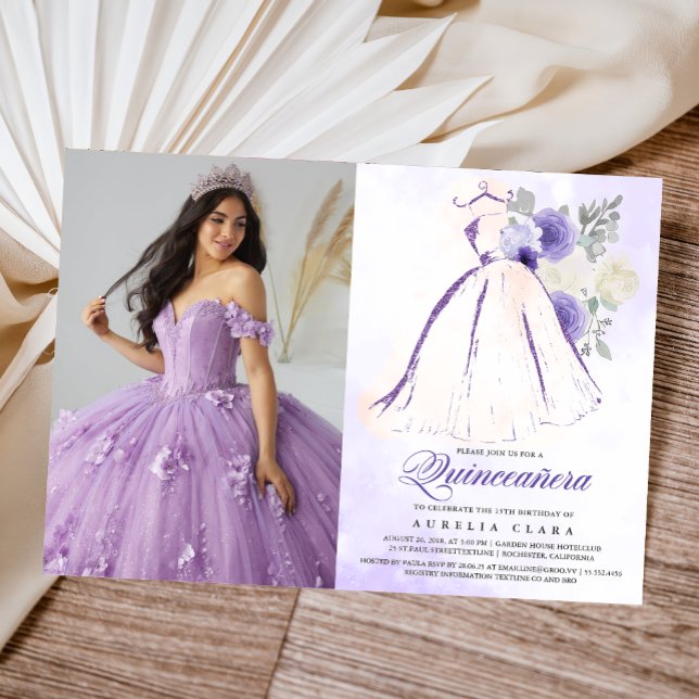 Quinceañera Purple Floral Dress 15th Birthday Invitation (Creator Uploaded)