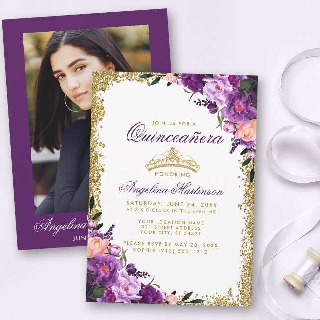Quinceanera Purple Floral Gold Crown Glitter Photo Invitation (Customize to change text color, style or to change color of back of card.)