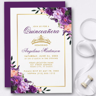 Quinceanera Purple Floral Gold Crown Invite P