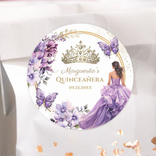 Quinceañera Purple Floral Gold Tiara Butterfly Classic Round Sticker