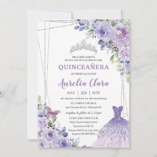 Quinceañera Purple Floral Gown Dress Silver Tiara Invitation
