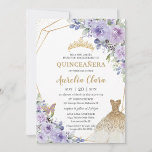 Quinceañera Purple Floral Princess Gold Gown Tiara Invitation