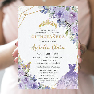 Quinceañera Purple Floral Princess Gown Tiara Invi Invitation