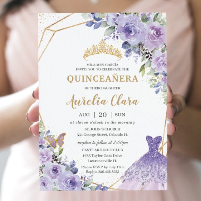 Quinceañera Purple Floral Princess Gown Tiara Invi Invitation (Creator Uploaded)