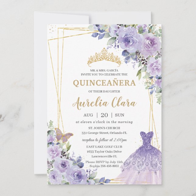 Quinceañera Purple Floral Princess Gown Tiara Invitation (Front)