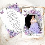 Quinceañera Purple Floral Roses Butterflies Photo  Invitation<br><div class="desc">Personalise this lovely quinceañera invitation with own wording easily and quickly,  simply press the customise it button to further re-arrange and format the style and placement of the text.  Matching items available in store!  (c) The Happy Cat Studio</div>