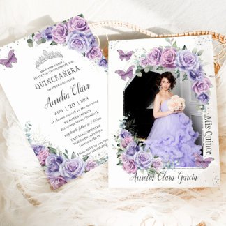 Quinceañera Purple Floral Roses Butterflies Photo Invitation
