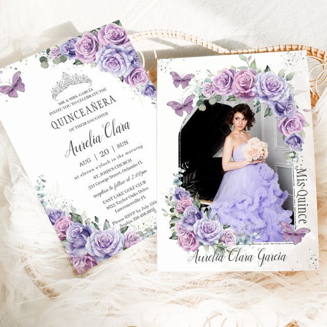 Quinceañera Purple Floral Roses Butterflies Photo  Invitation (Creator Uploaded)