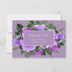 Quinceañera Purple Floral Silver Glitter Thank You