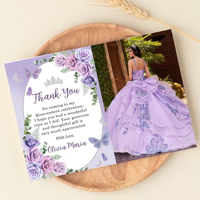 Quinceañera Purple Floral Tiara Thank You Card  (Creator Uploaded)