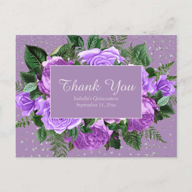 Quinceañera Purple FlowersThank You Silver Glitter Postcard (Front)