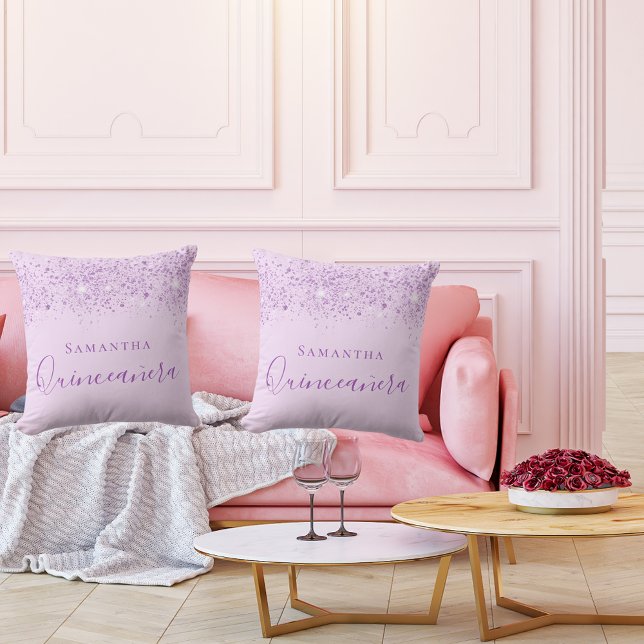 Quinceanera purple glitter drops monogram cushion (Creator Uploaded)