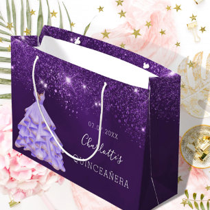 Quinceanera purple glitter dust dress name large gift bag