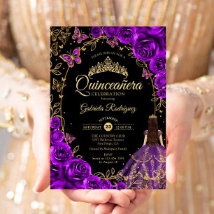 Quinceanera Purple Gold Black Invitation