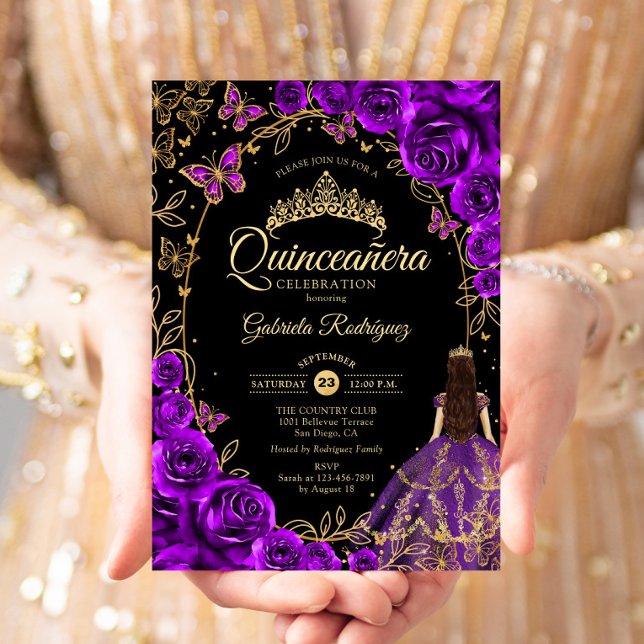 Quinceanera Purple Gold Black Invitation (Creator Uploaded)