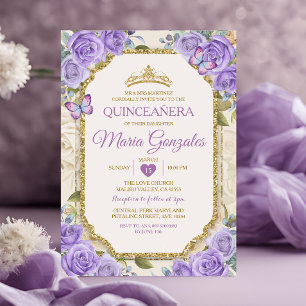 Quinceañera Purple & Gold Crown Mexican Butterfly Invitation