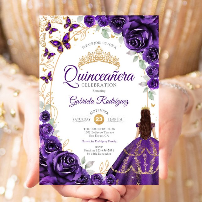 Quinceanera Purple Gold Floral Invitation (Creator Uploaded)
