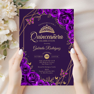 Quinceanera Purple Gold Floral Invitation