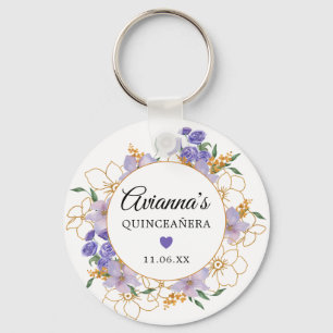 Quinceanera Purple Gold Floral Party Favour Key Ring