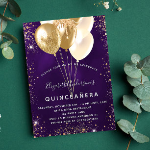 Quinceanera purple gold glitter balloons luxury invitation